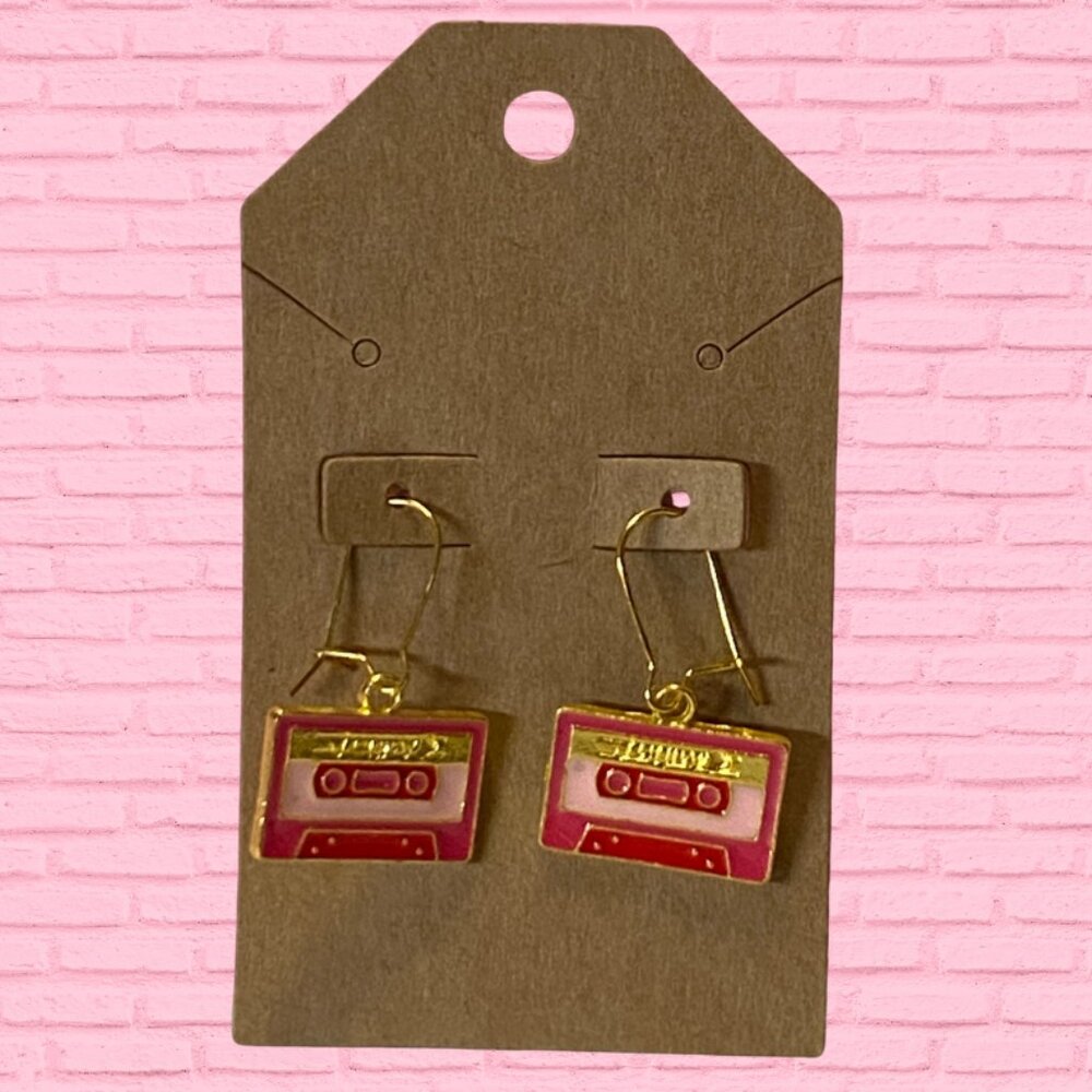 Pink and Red Cassette Tape Earrings for Kids